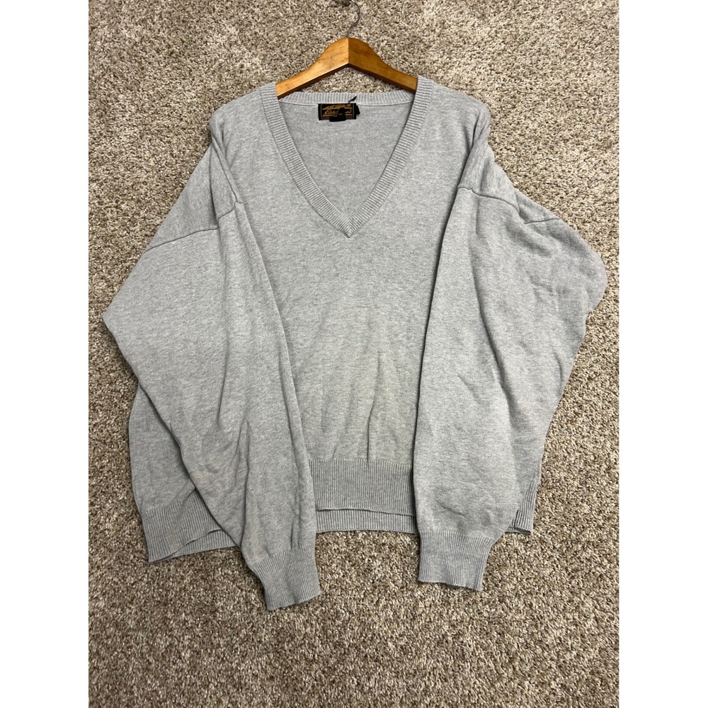 Vintage Eddie Bauer Mens XL V-Neck Sweater Gray Cotton Made in UK Drop Shoulder